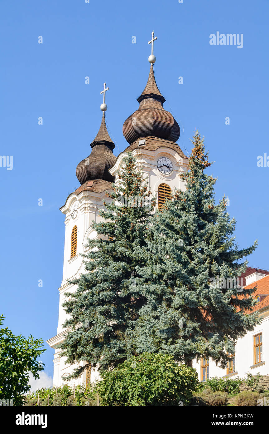 Towers of the Benedictine Abbey Church - Tihany, Hungary Stock Photo