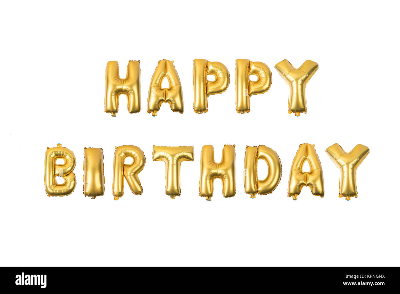 happy birthday English alphabet from yellow (Golden) balloons on a white background . Stock Photo