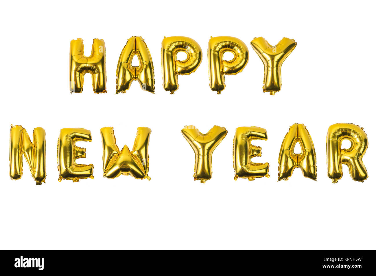 happy new year English alphabet   from yellow (Golden) balloons on a white background . Stock Photo