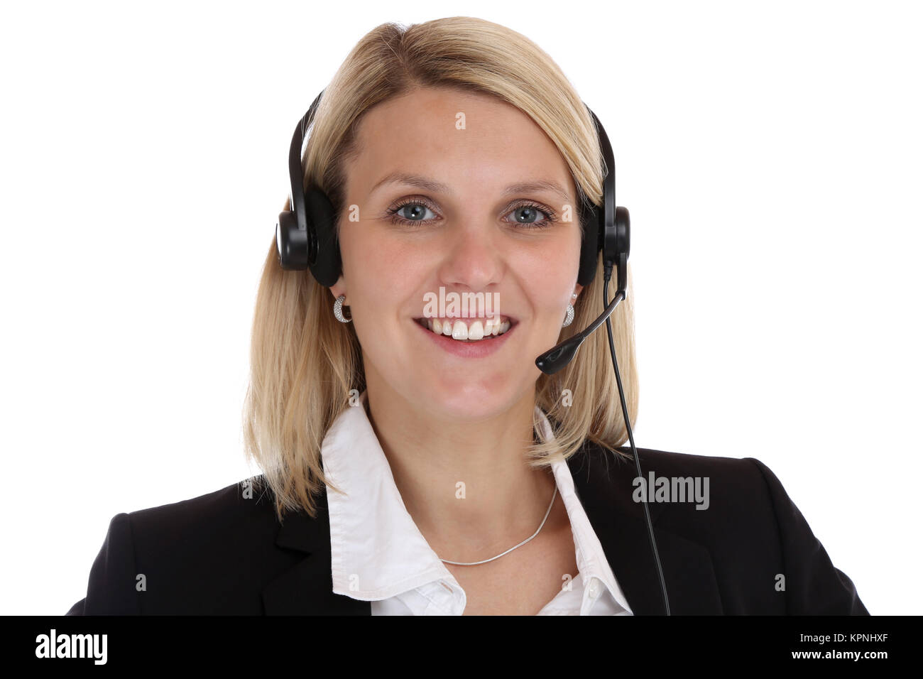 call center woman portrait secretary with headset phone business cut Stock Photo