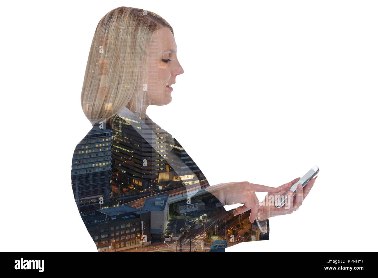 businesswoman with mobile phone business woman city double exposure cut Stock Photo