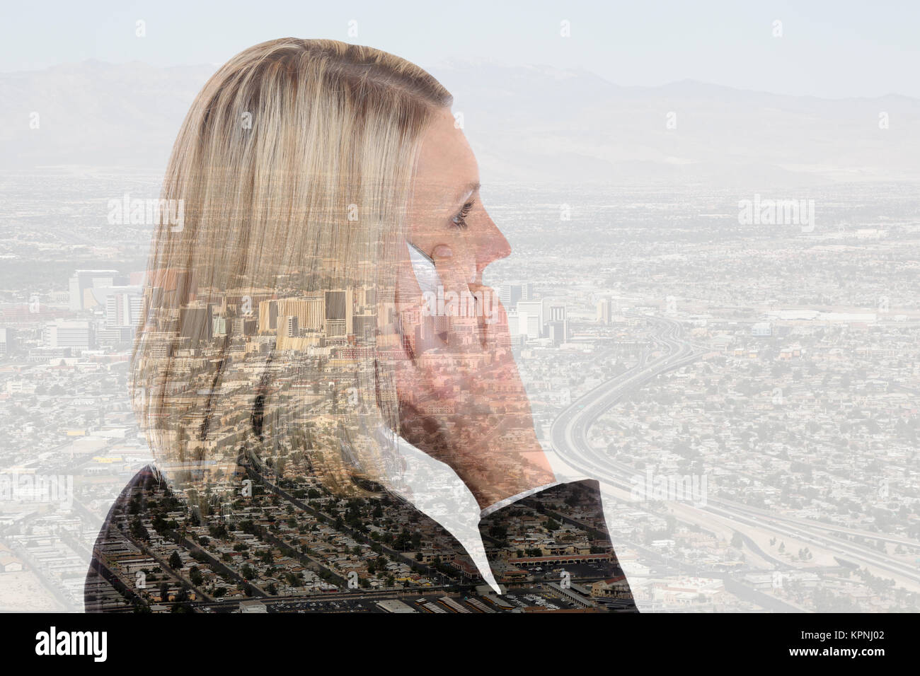 businesswoman with mobile phone calls business woman double exposure Stock Photo