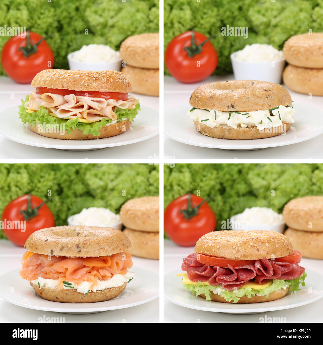 healthy diet collage of bagels for breakfast with ham,salmon and cream