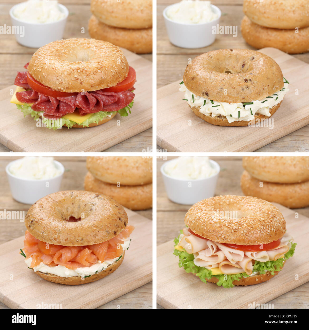 healthy diet collage of bagels for breakfast with ham,salmon and cream