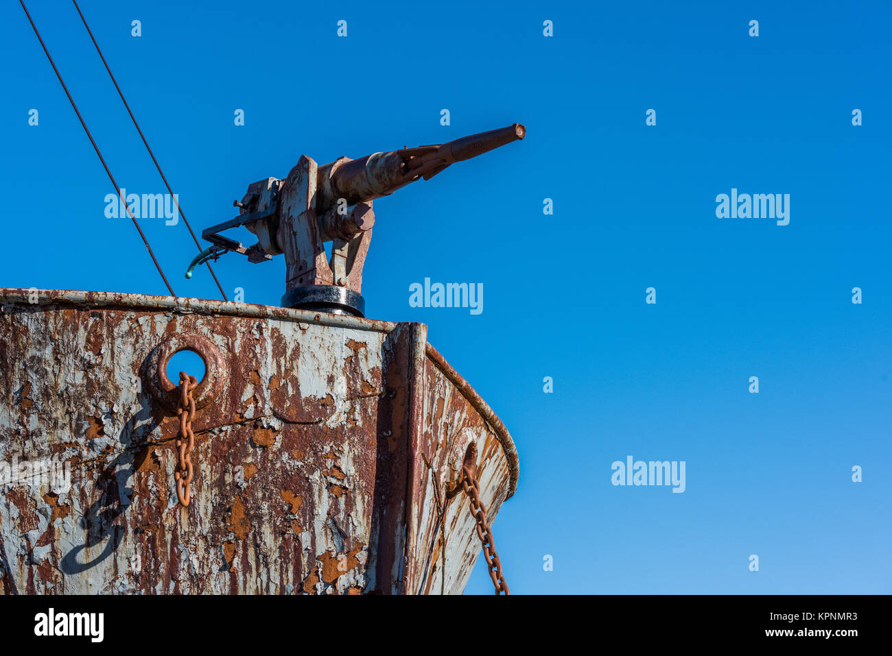 Close-up of harpoon gun on whaler bows Stock Photo