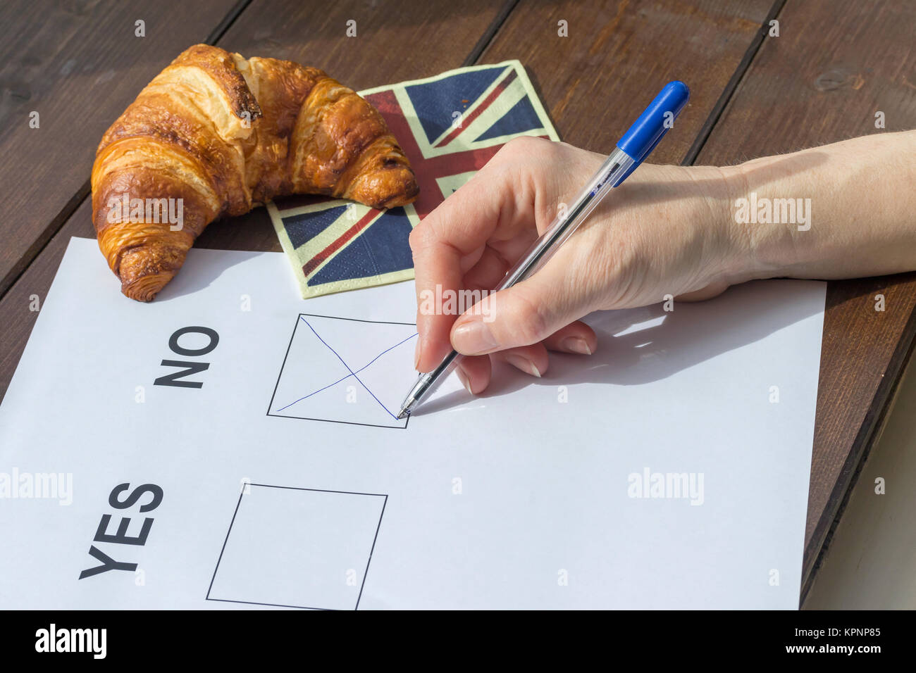 Female hand filled NO  in the referendum Stock Photo