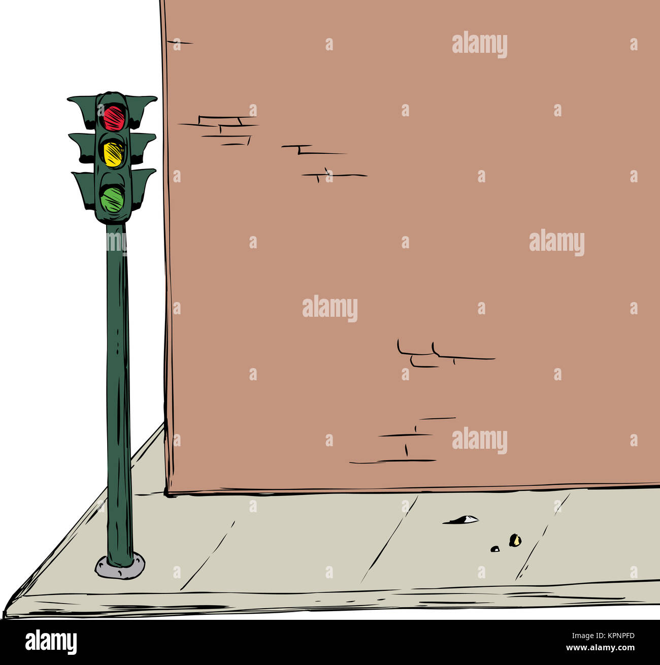 Stoplight near intersection and brick wall cartoon illustration Stock Photo