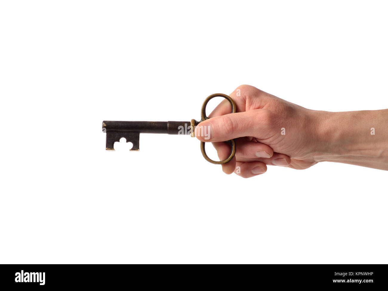 Hand with a key on a white studio background Stock Photo - Alamy