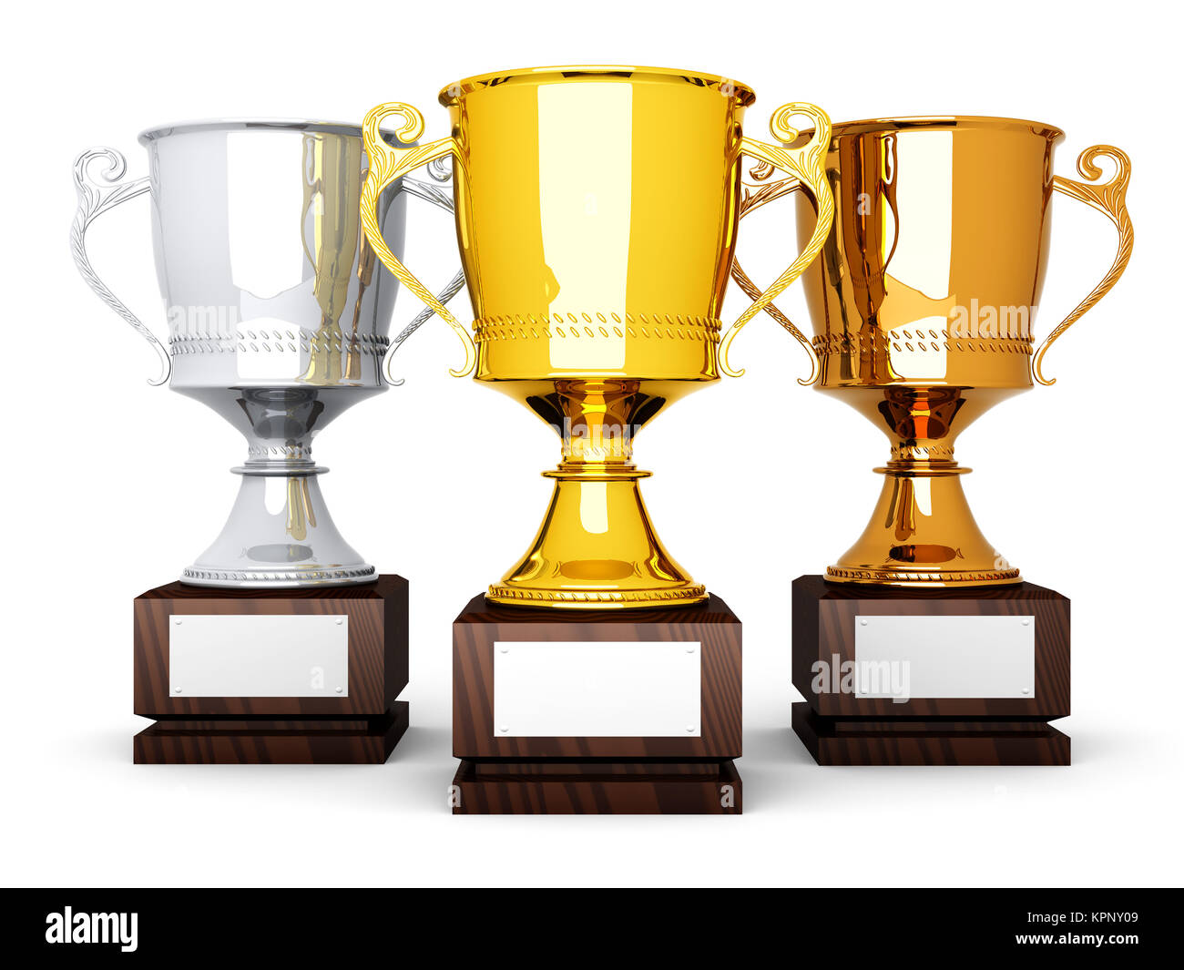 Three trophies with a blank plate for custom text. 3D rendered