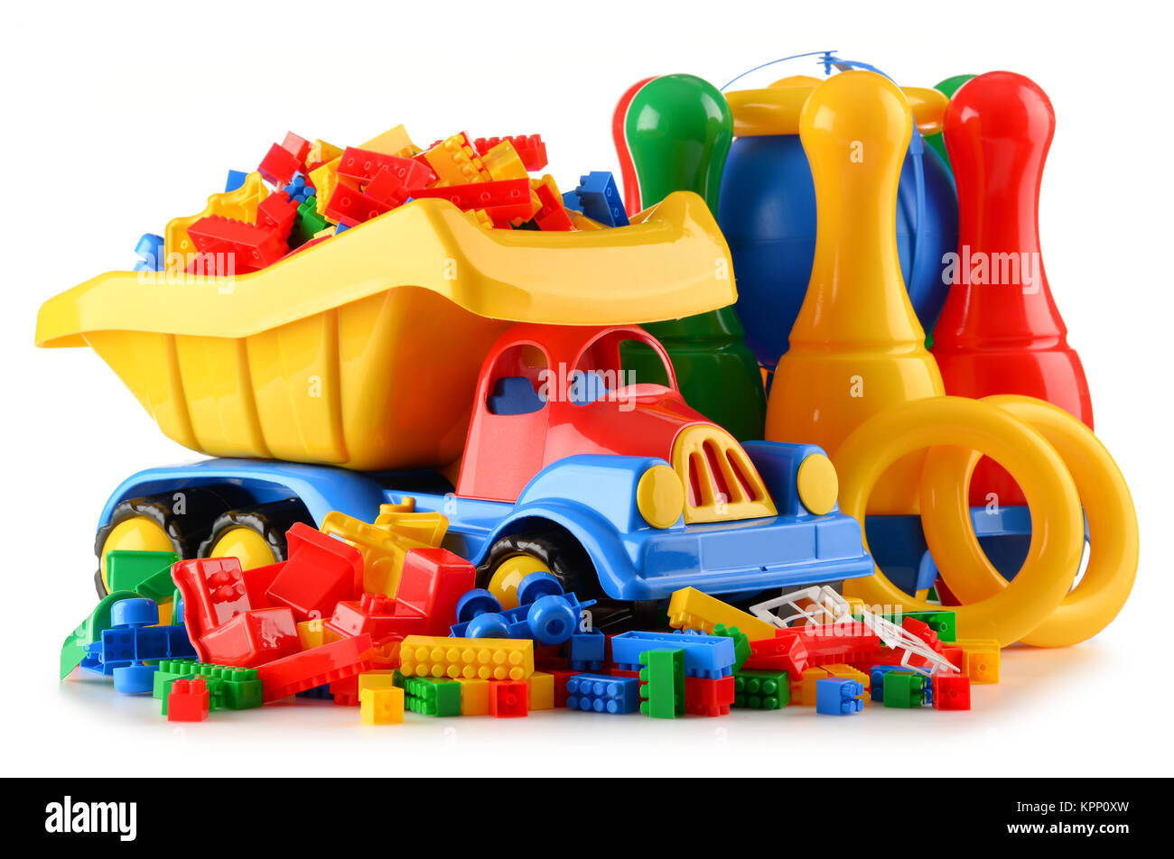 Colorful plastic children toys isolated on white background Stock Photo