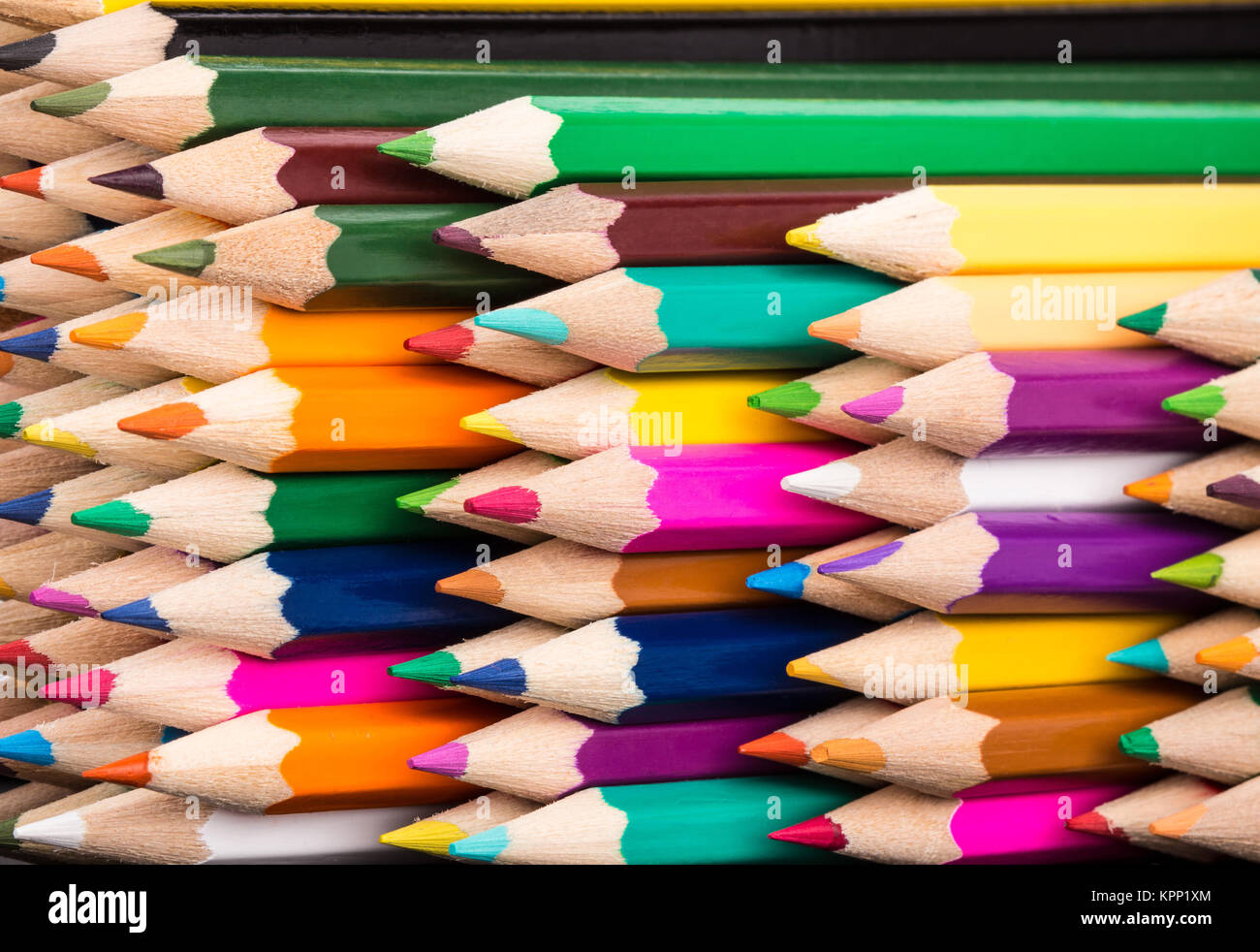 Color pencils pile arrangement closeup Stock Photo