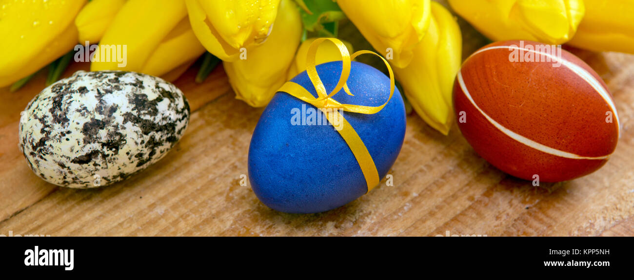 Colorful Easter eggs and tulips isolated on wood Stock Photo - Alamy
