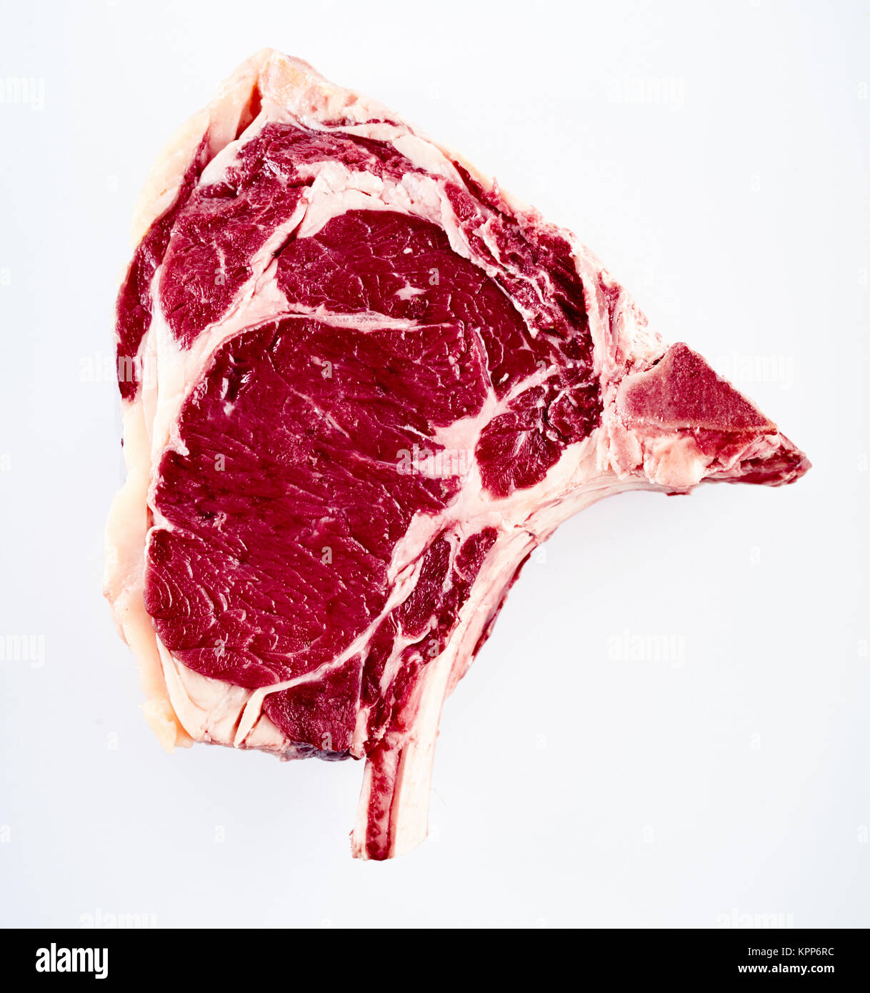 Single raw Cote de boeuf beef steak, or ribeye steak bonein, viewed