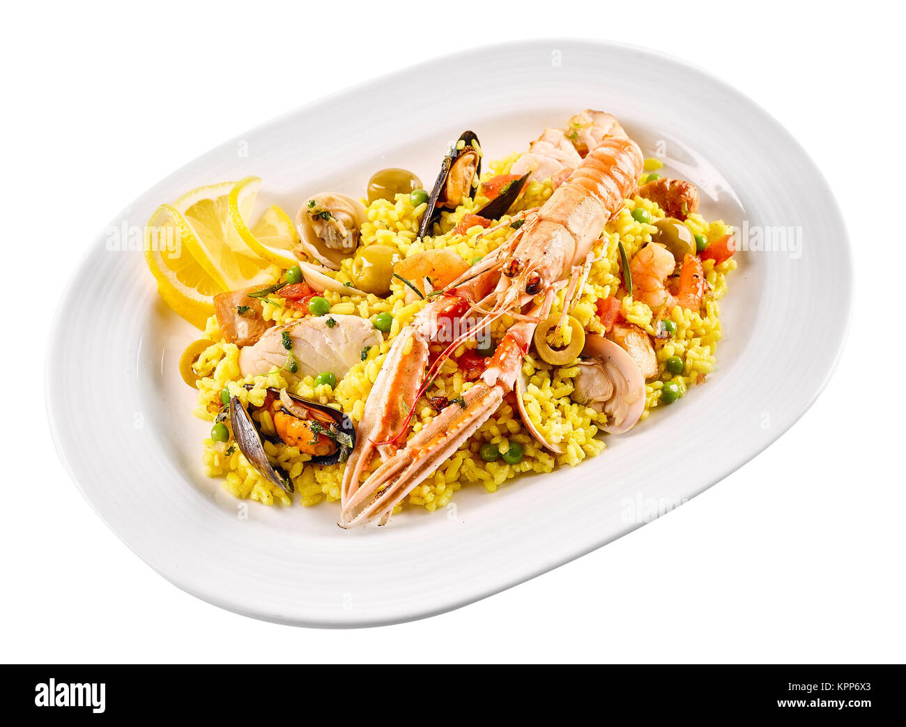 High Angle Still Life View of Traditional Spanish Paella Dish Made with