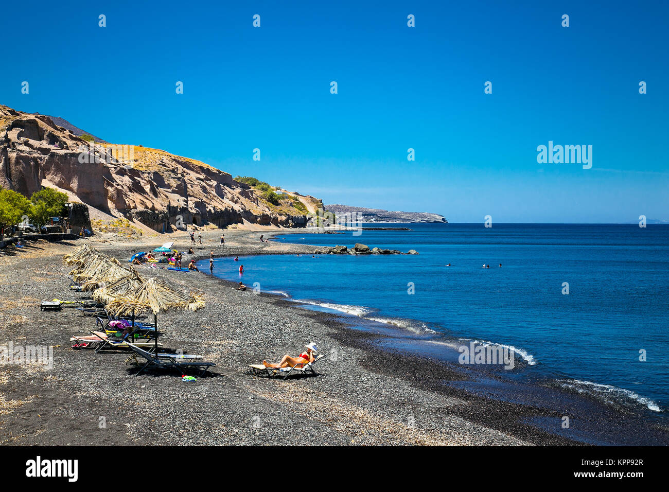 Black beach of Karterados on Santorini, Greece. Stock Photo