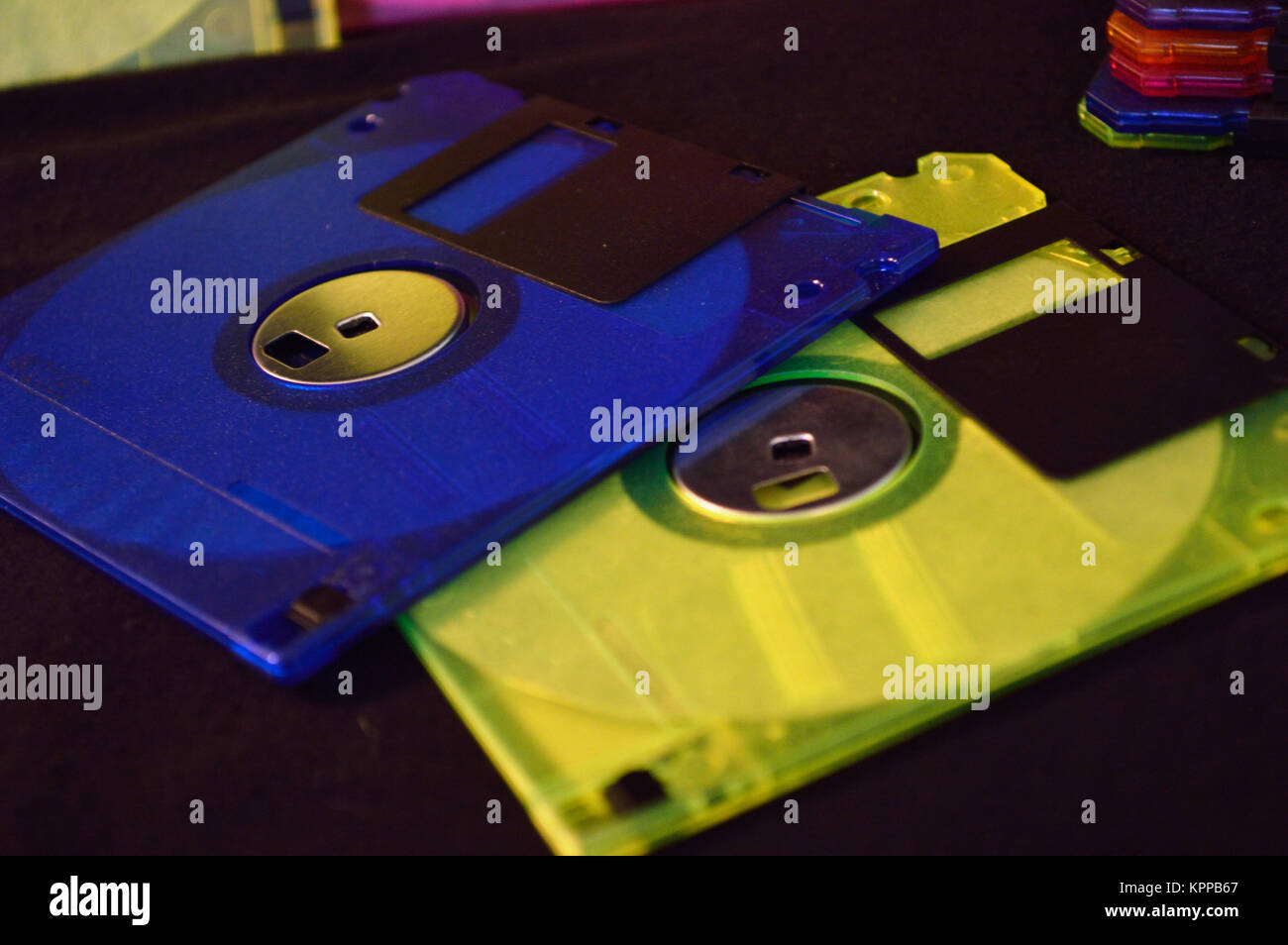 Closeup of blue and yellow green floppy disk Stock Photo