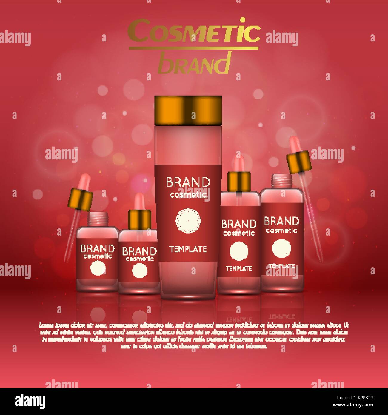 Vector 3D cosmetic illustration on a soft light blurred background with bokeh. Beauty realistic cosmetic product design template Stock Vector