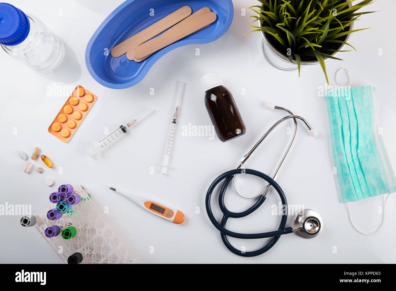 medical supplies on white background. top view flat lay Stock Photo