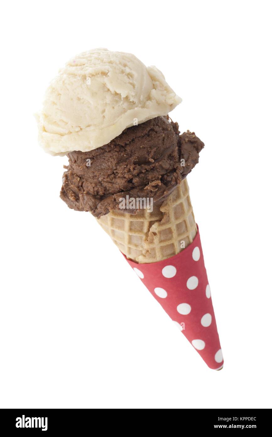 ice cream cone with vanilla and chocolate ice cream Stock Photo