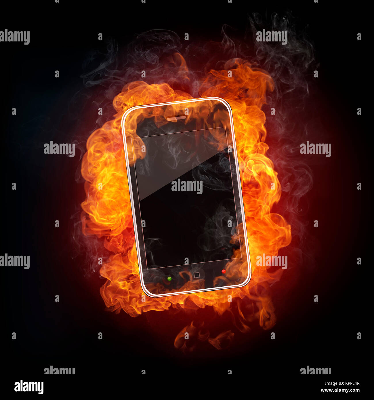 Smartphone in fire Isolated on Black Background. Stock Photo