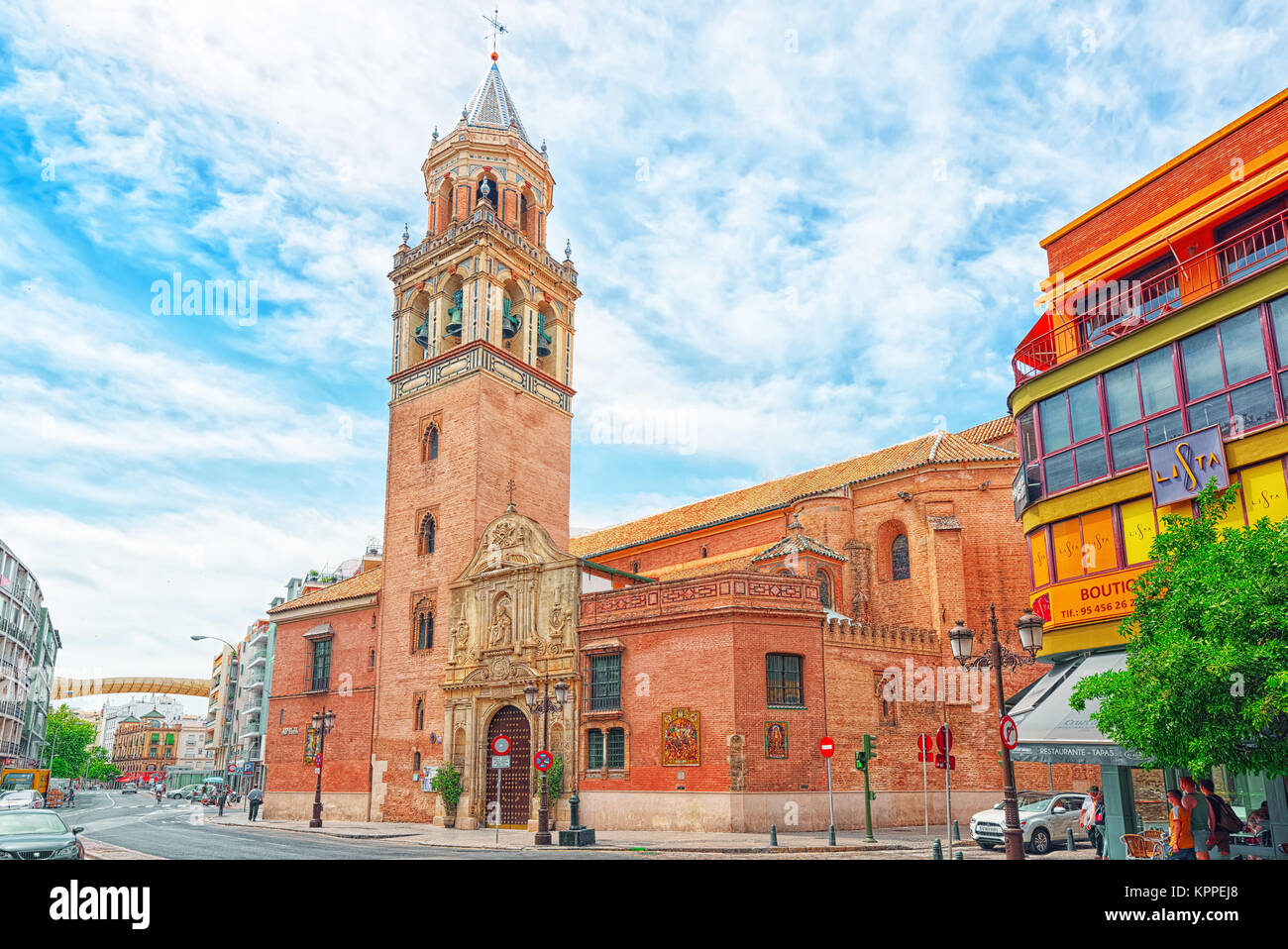 Seville, Spain - June 08, 2017 : St. Peter's Church (Iglesia de San Pedro ) near Metropol Parasol, in the old quarter of Seville, Spain. Stock Photo