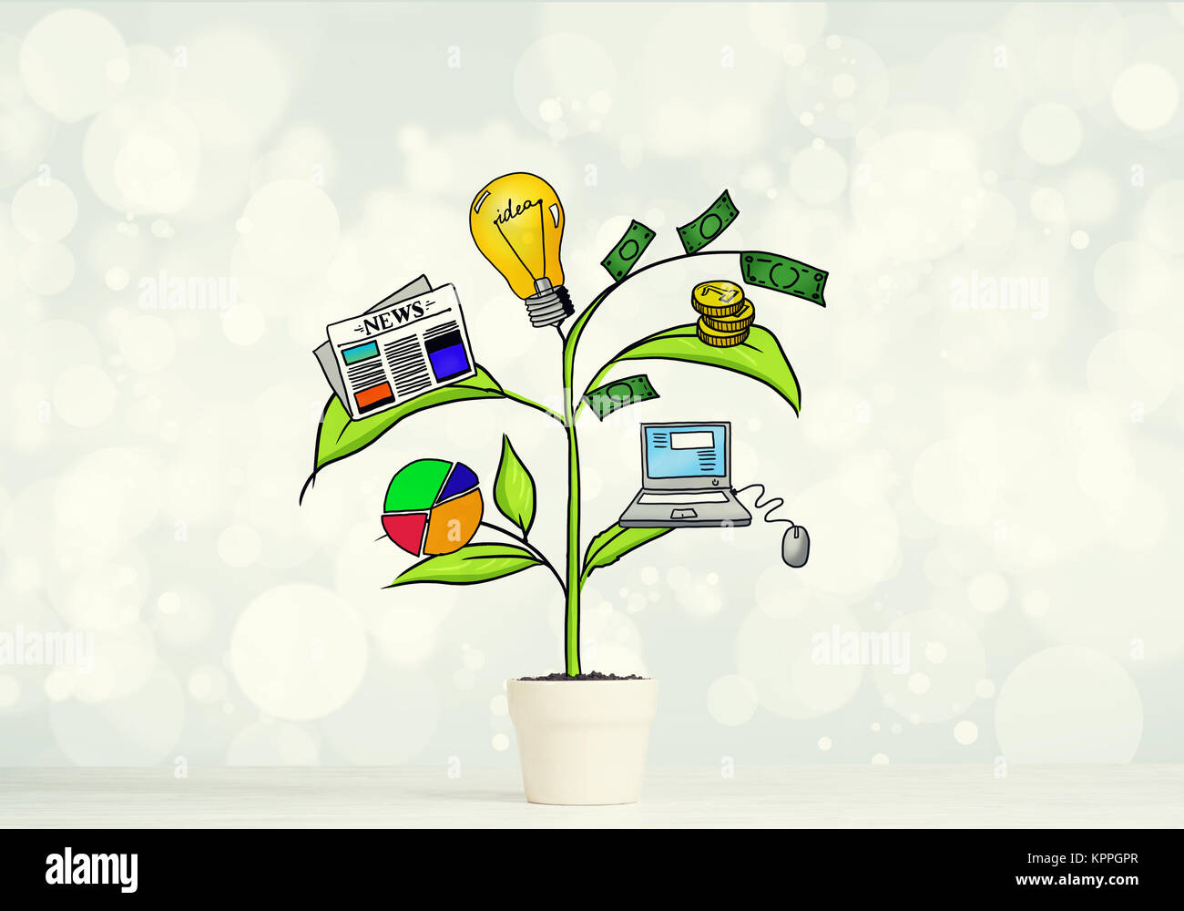 Drawn income tree in white pot for business investment savings and ...