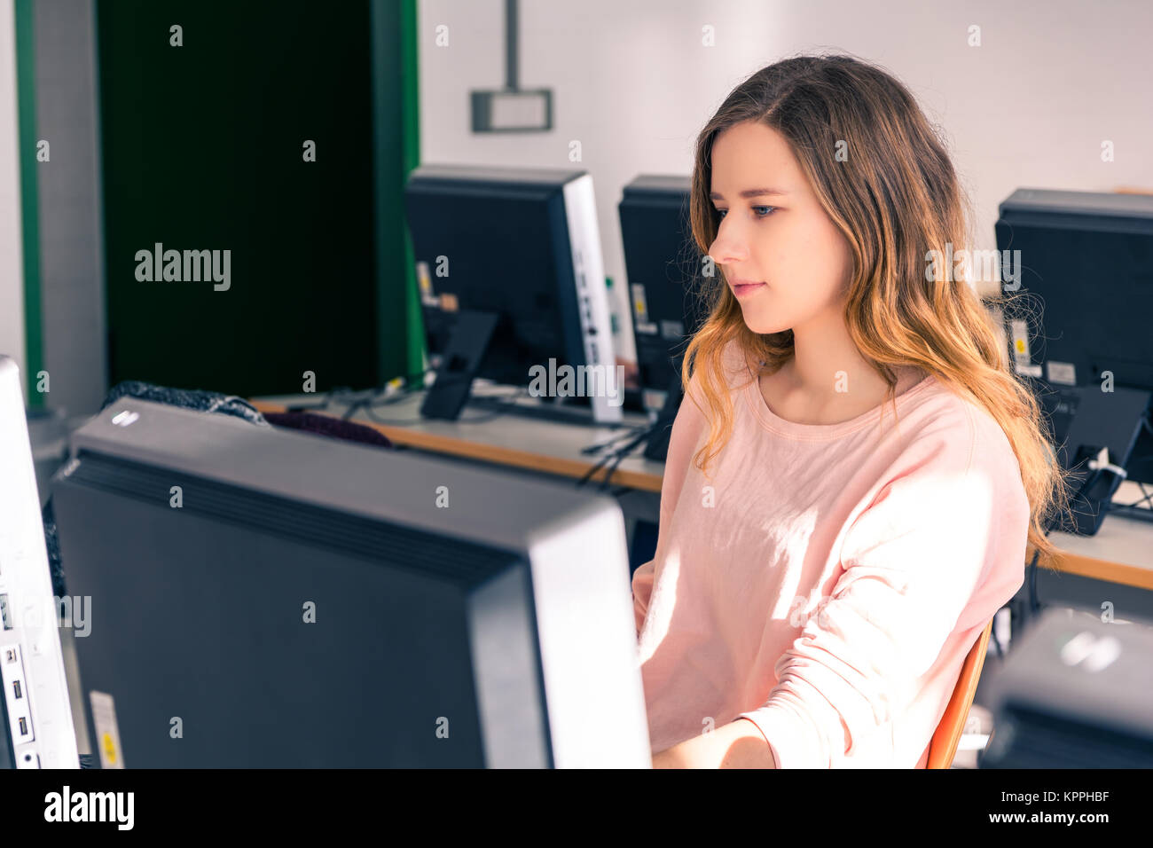 Young Student Girl Female in Bright Computer Lab University Classroom ...