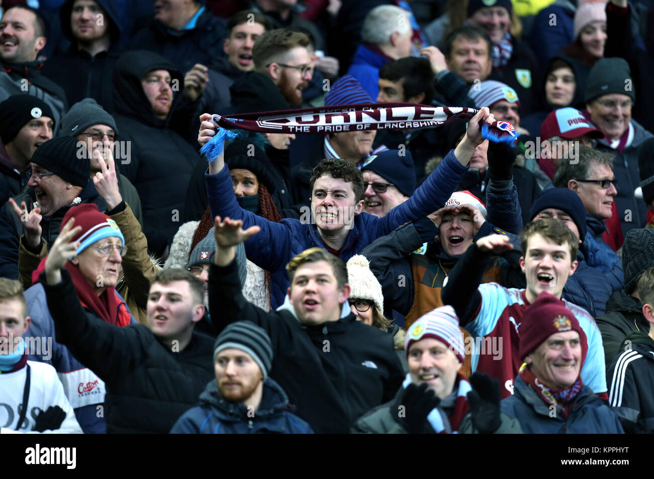 Burnley fans in the stands show their support during the Premier League match at the AMEX Stadium, Brighton. Stock Photo