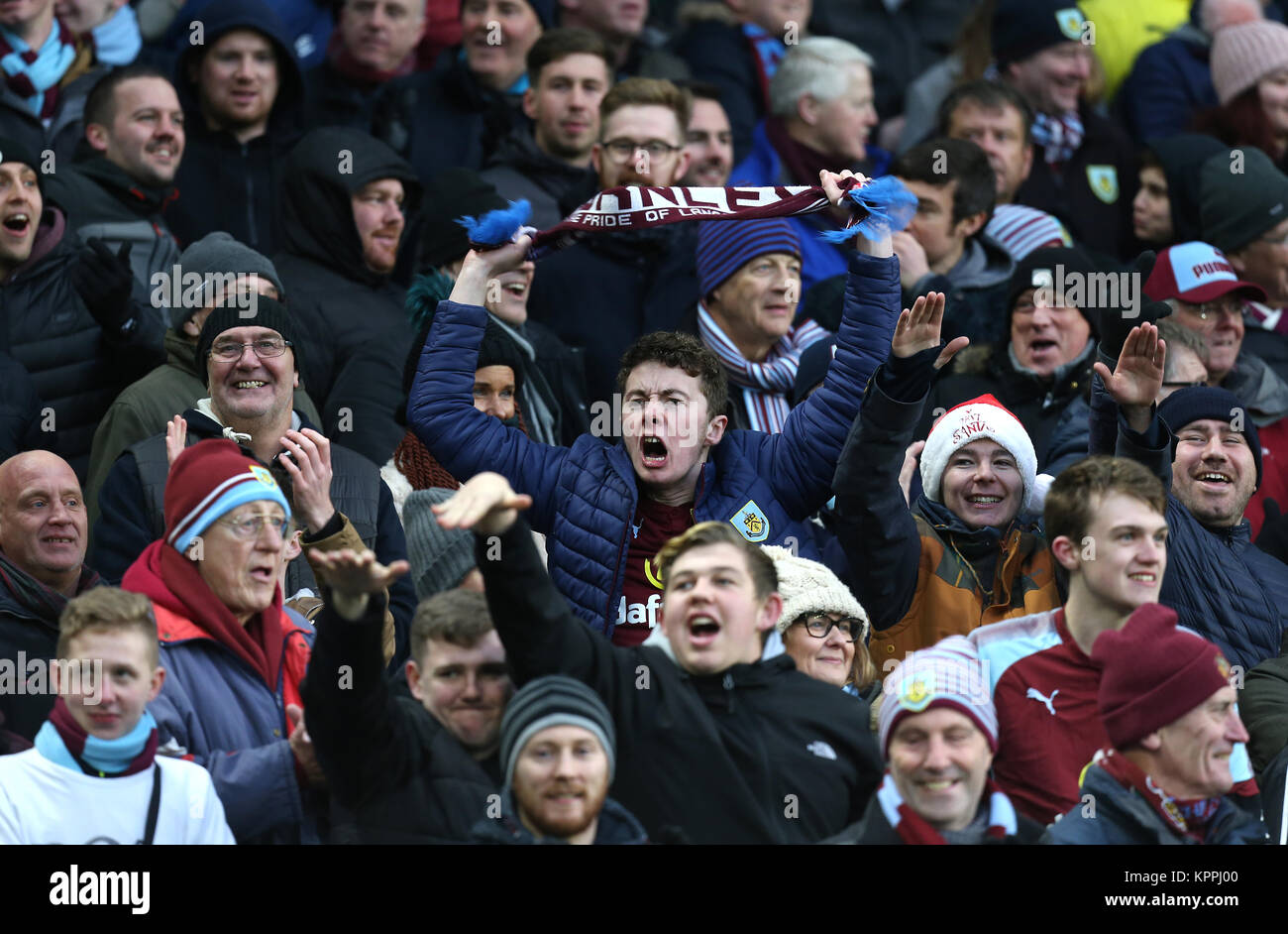 Burnley fans in the stands show their support during the Premier League match at the AMEX Stadium, Brighton. Stock Photo