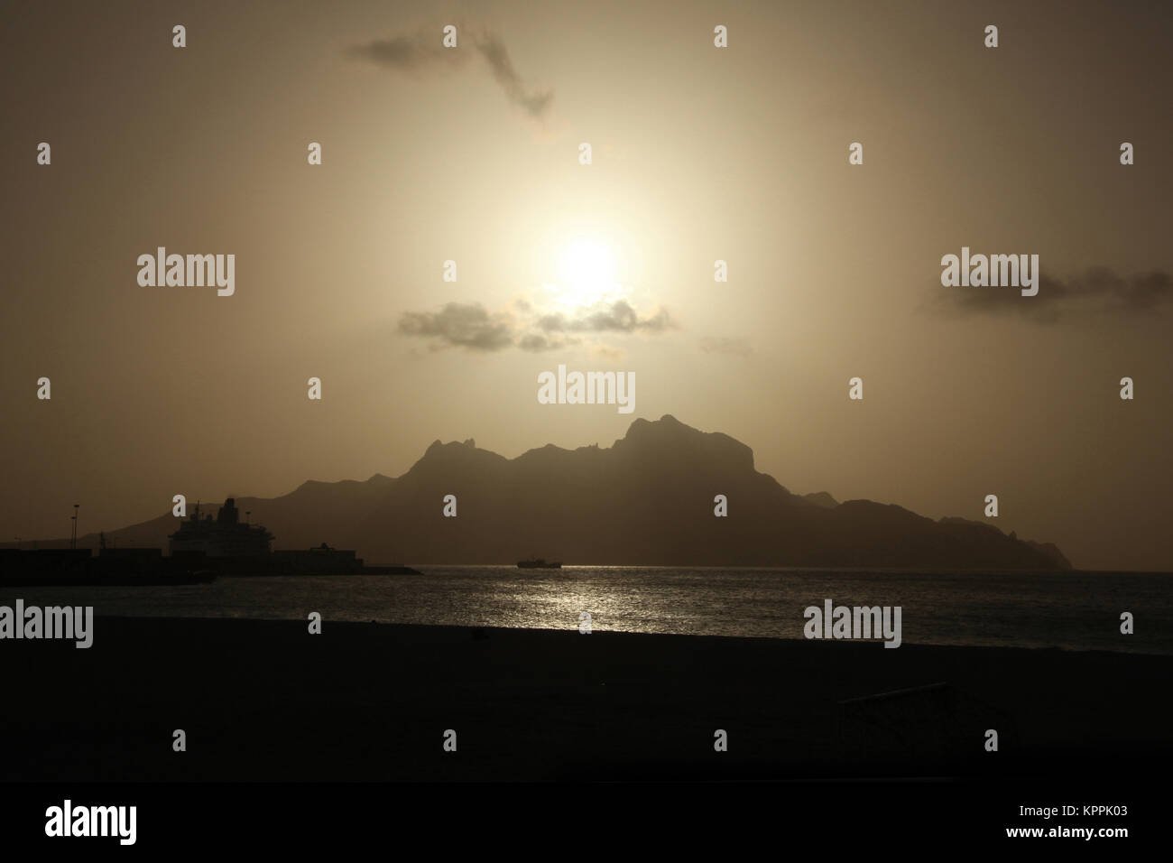 View of Monte Cara mountain from Mindelo, São Vicente, Cape Verde at sunset. Stock Photo