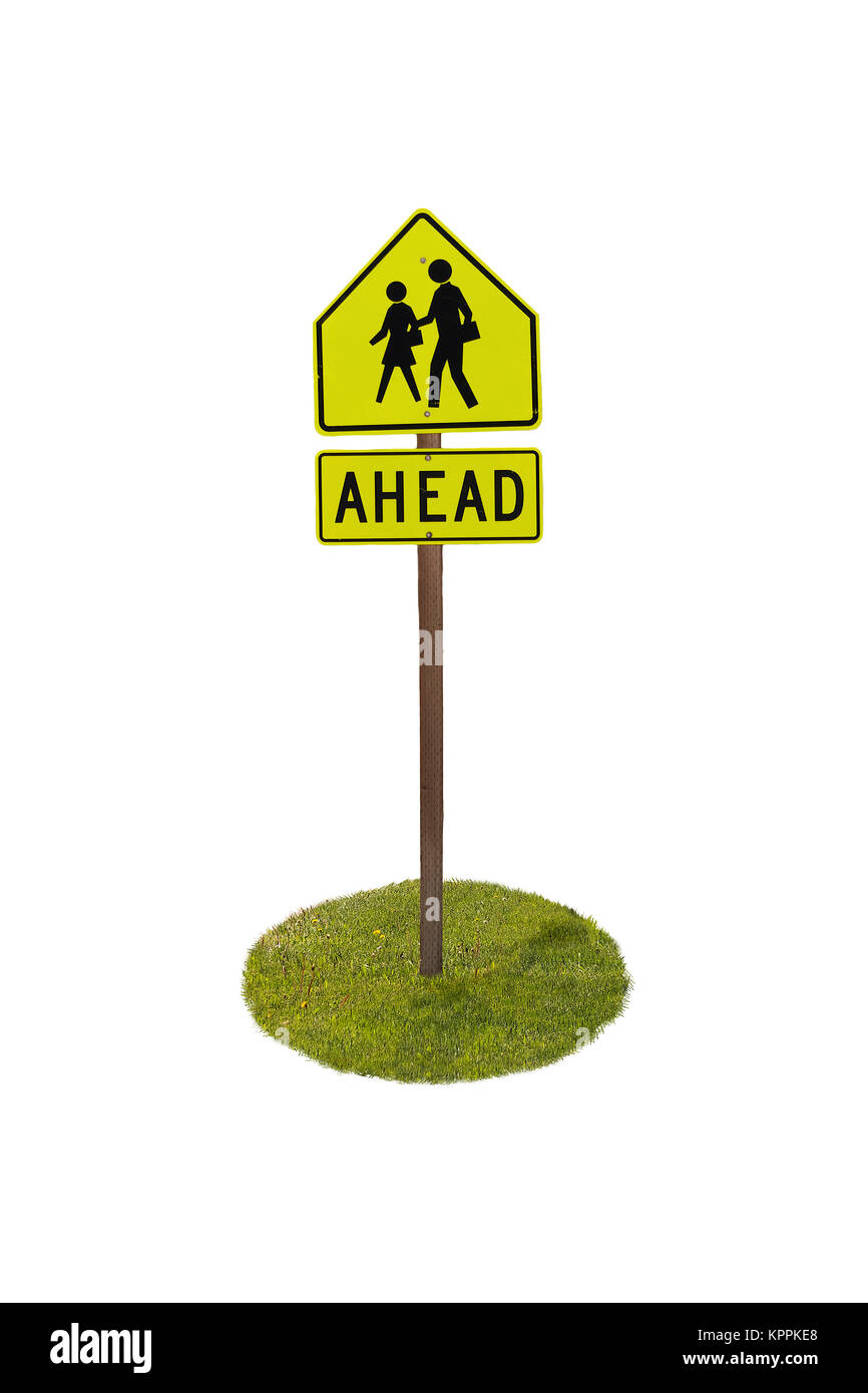 Ahead sign, people crossing, with pole and green lawn. Stock Photo