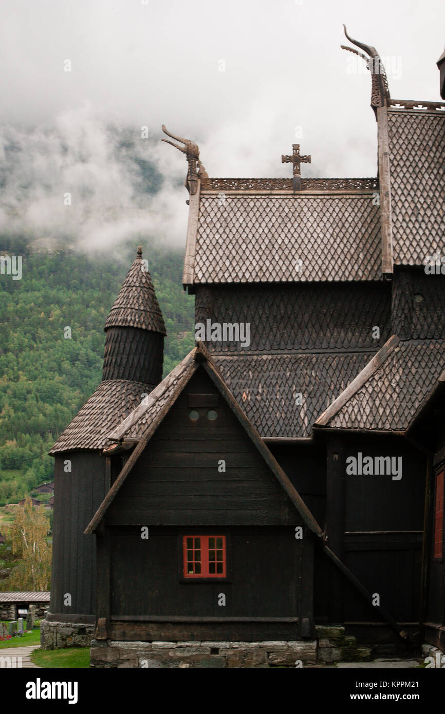Majestic timber constructions of Lom Stave Church surrounded by fog stands  among the oldest Stave Churches in Norway dating back to 12th century Stock  Photo - Alamy
