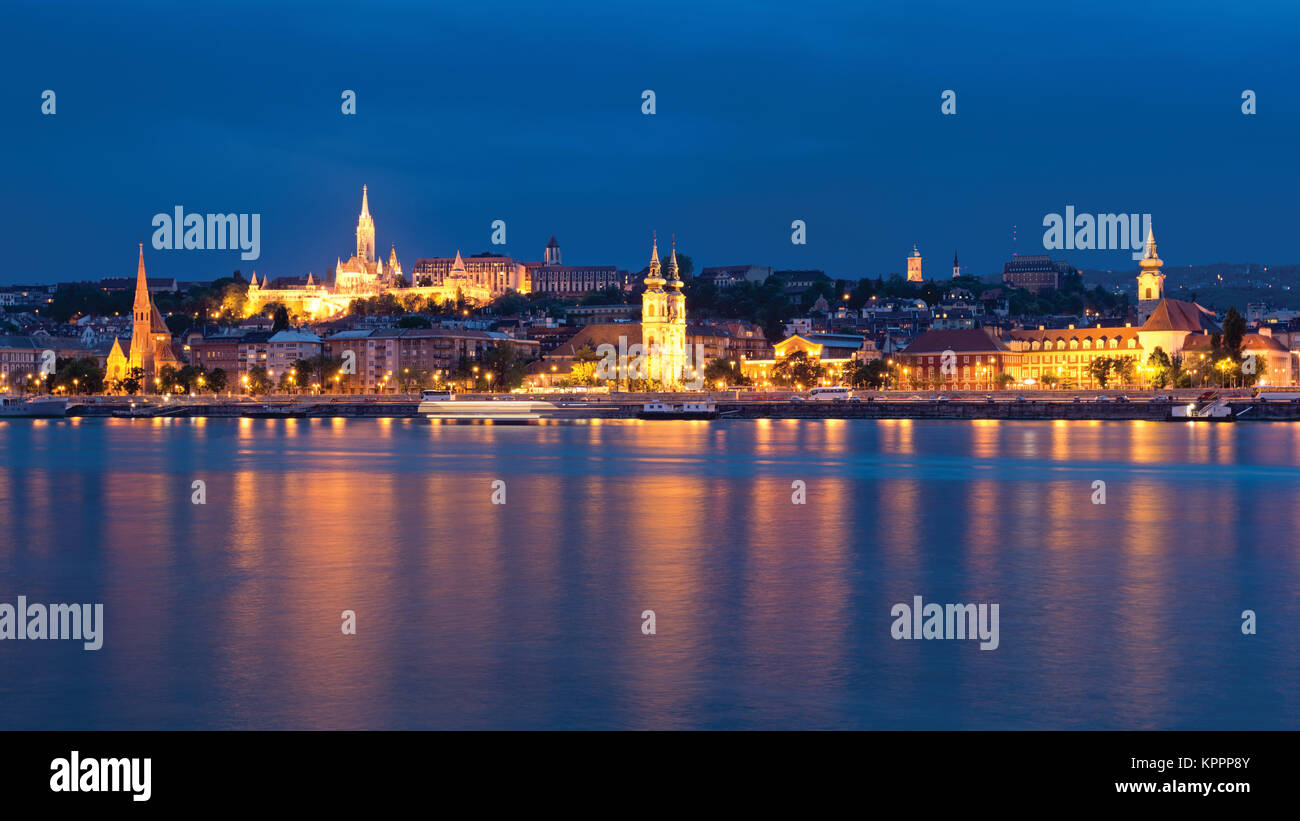 Budapest Buda side night view across Danube river Stock Photo - Alamy