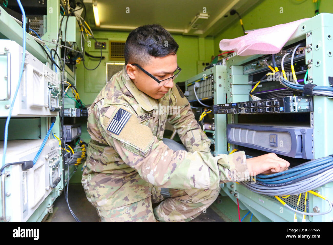 Pfc. Jonathan Broadbent, a nodal network systems operator/maintainer from the 17th Field