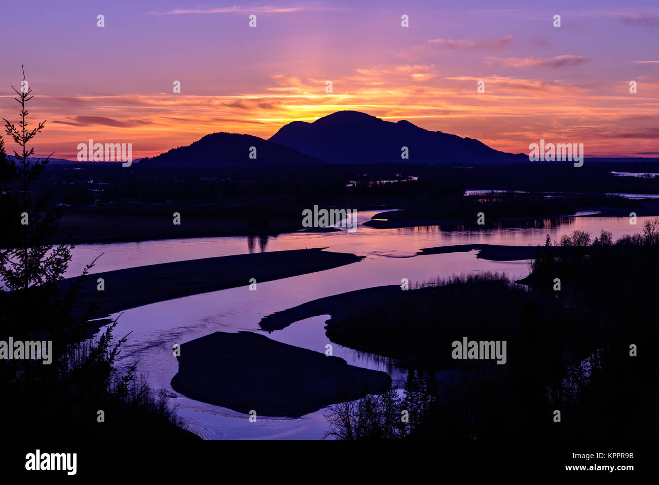 Bird's eye view photo of Fraser Valley at sunset, British Columbia, Canada Stock Photo