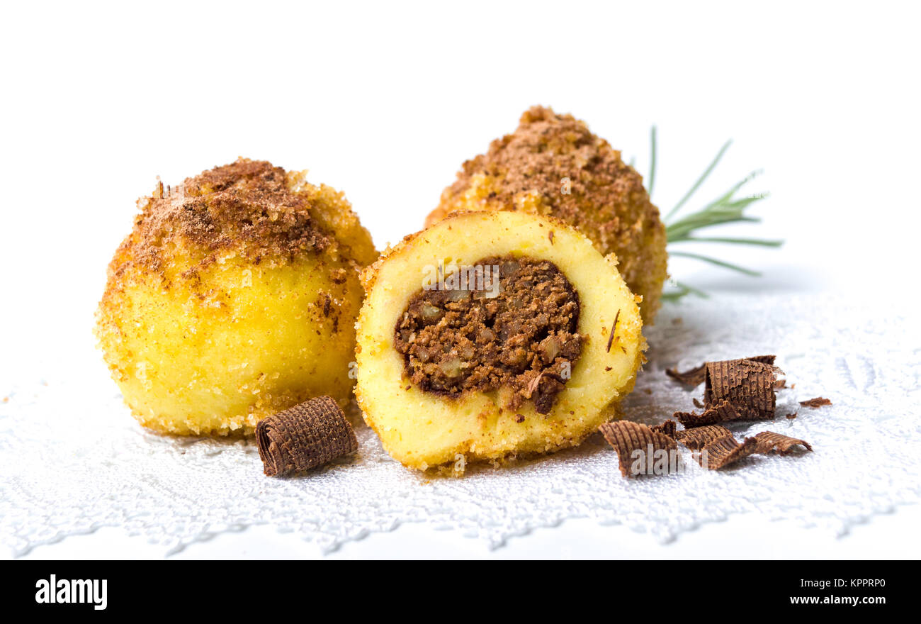 Bread crumb dumplings stuffed with chocolate and nuts isolated Stock Photo