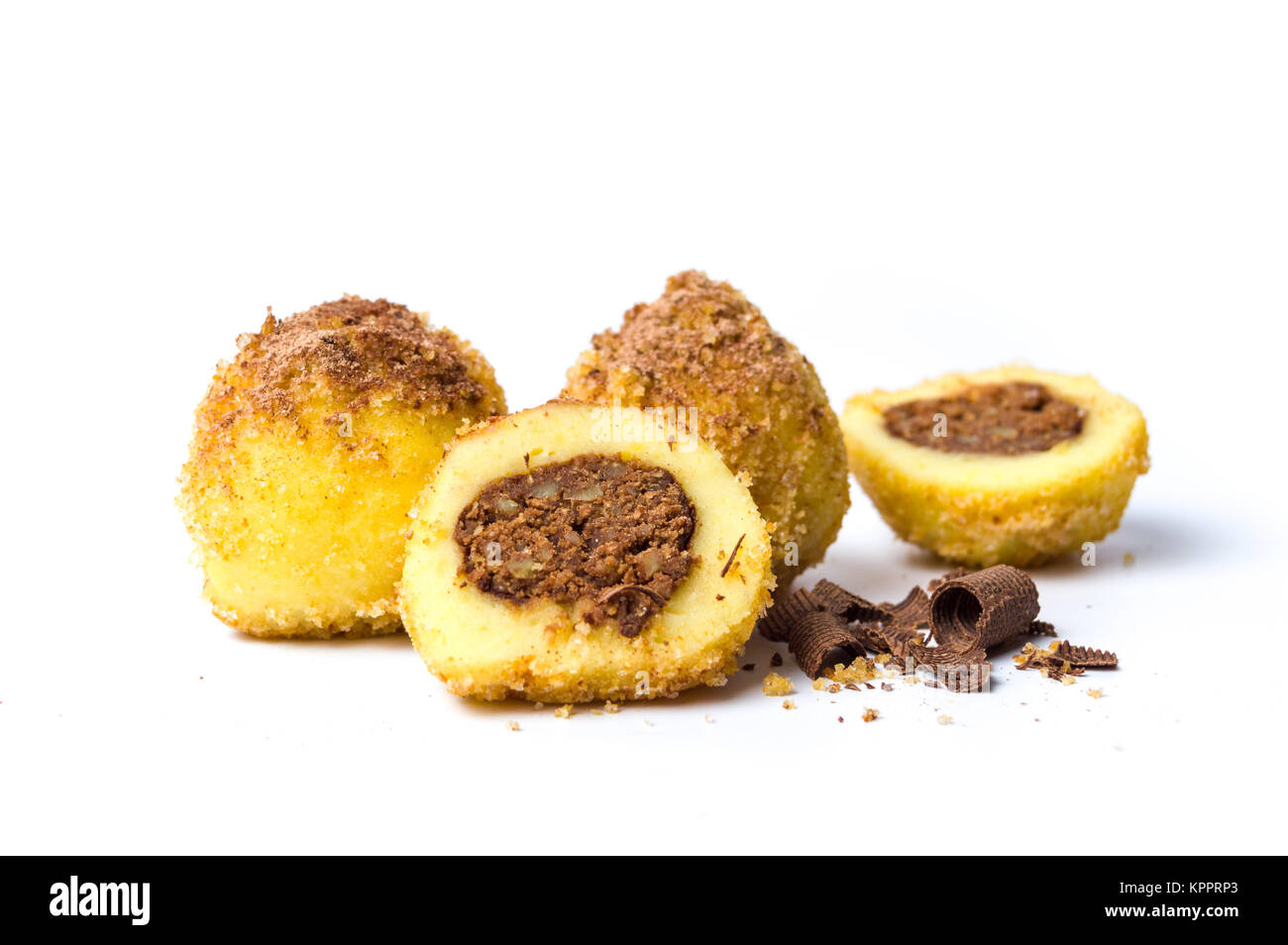 Bread crumb dumplings stuffed with chocolate and nuts isolated Stock