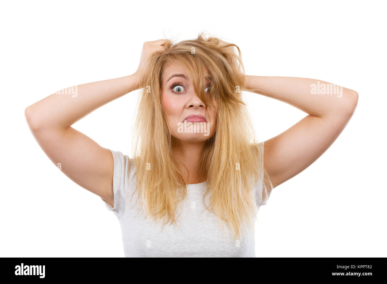 Bad Hairstyle Concept Crazy Mad Blonde Woman With Messy Hair