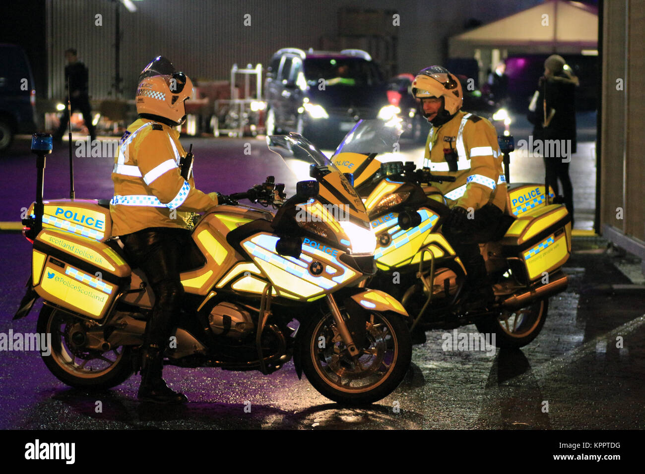 Police Scotland motorcycle officers at the MTV Europe Music Awards (EMA) 2014, held on 9th November, 2014, at The SSE Hydro, Glasgow, Scotland Stock Photo