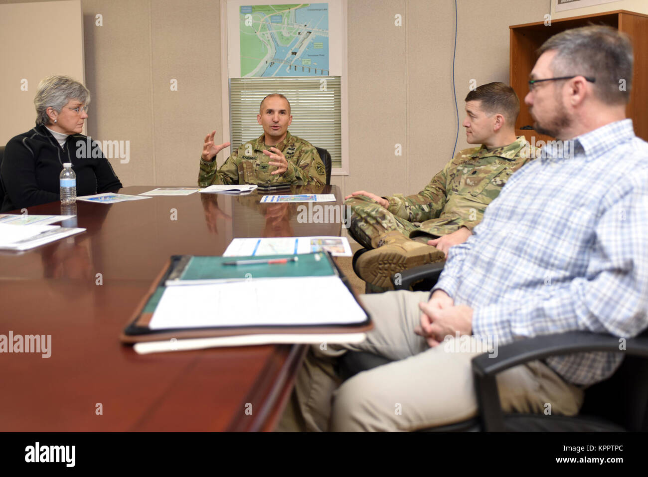 Col. Paul Kremer, U.S. Army Corps of Engineers Great Lakes and Ohio River Division acting commander, meets with Nashville District leadership, engineers and project manager for an update on the Chickamauga Lock Replacement Project.  The colonel met with the team Dec. 5, 2017 at the resident engineer office at Chickamauga Lock at Tennessee River mile 471 in Chattanooga, Tenn. (USACE Stock Photo