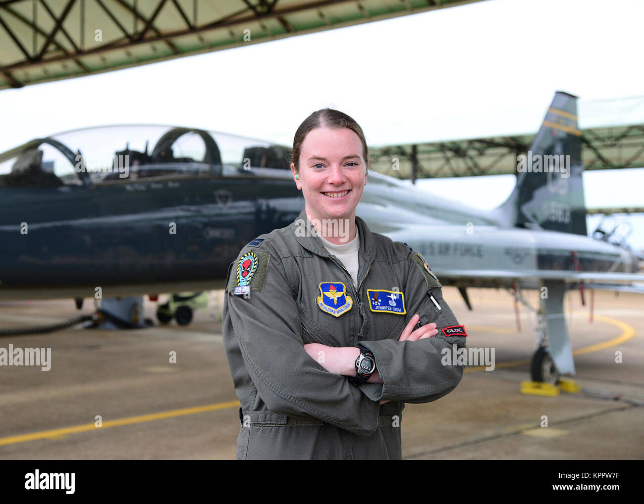 Capt. Jennifer Crum, 14th Student Squadron student pilot, stands in front of a T-38C Talon Dec. 6, 2017, on Columbus Air Force Base, Mississippi. Crum is in Specialized Undergraduate Pilot Training Class 18-03 and will fly the B-2 Spirit at Whiteman AFB, Missouri. (U.S. Air Force Stock Photo