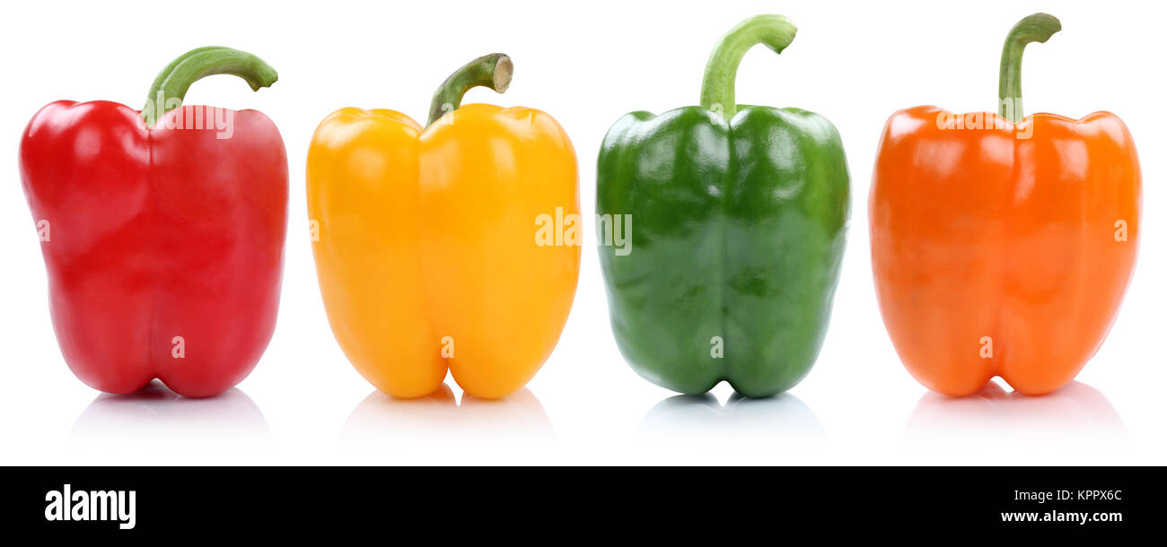 Sammlung Paprika Paprikas Gemüse seitlich in einer Reihe Freisteller