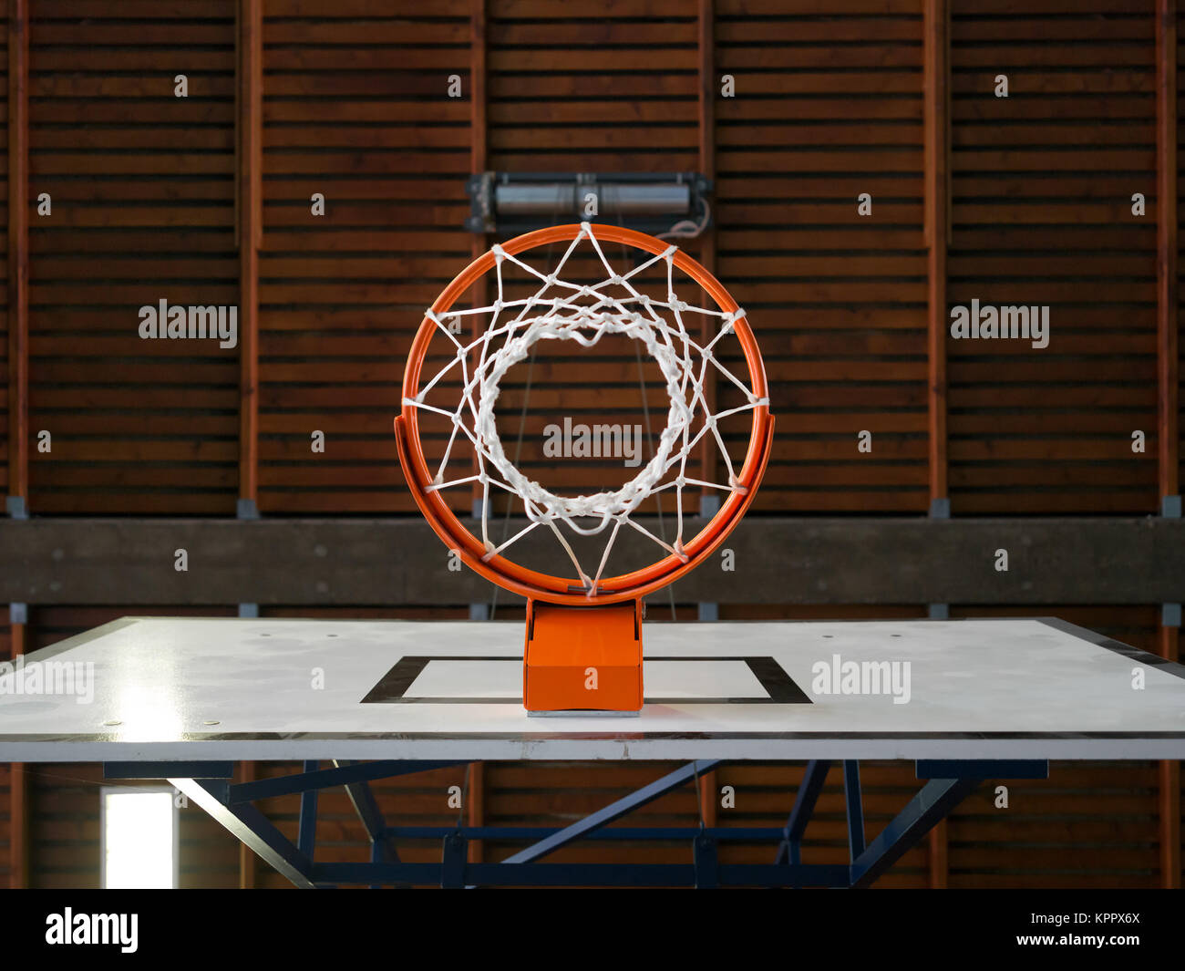 Indoor basketball hoop from below Stock Photo Alamy