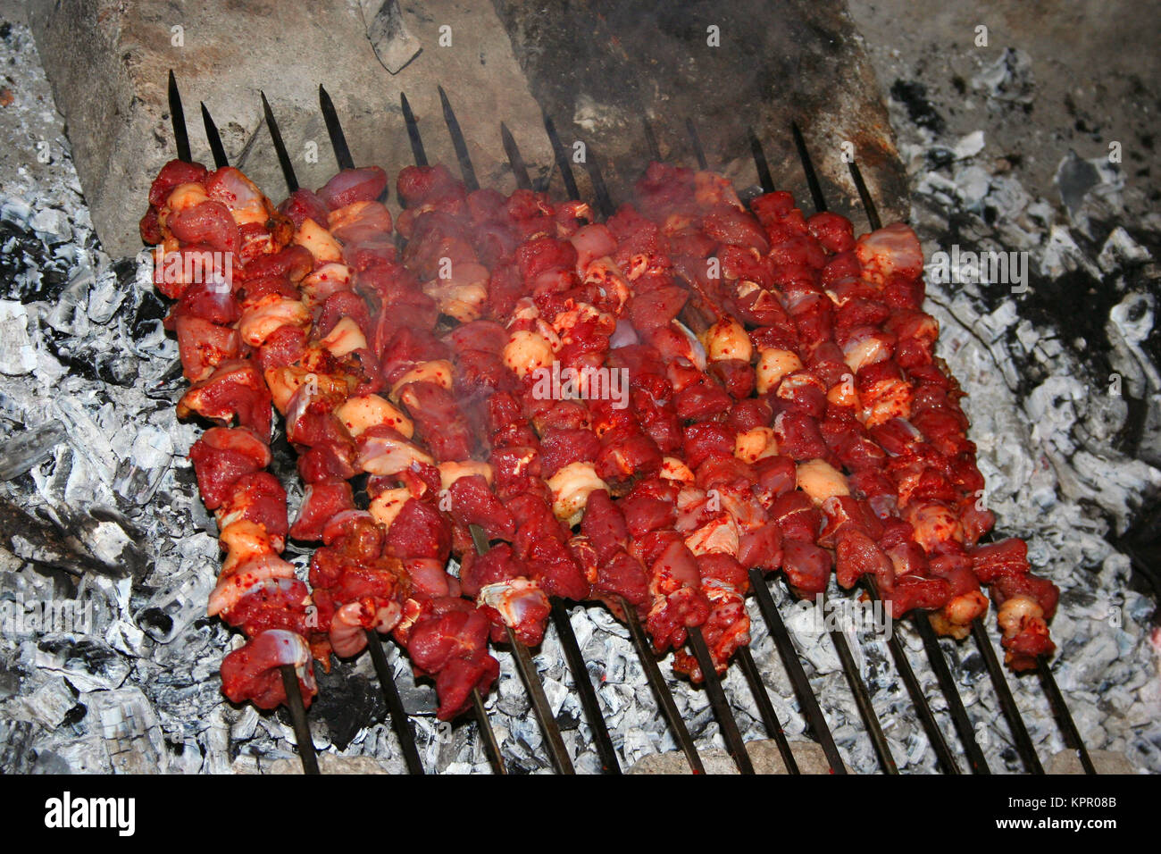 famous turkish meal kebab, on grill Stock Photo