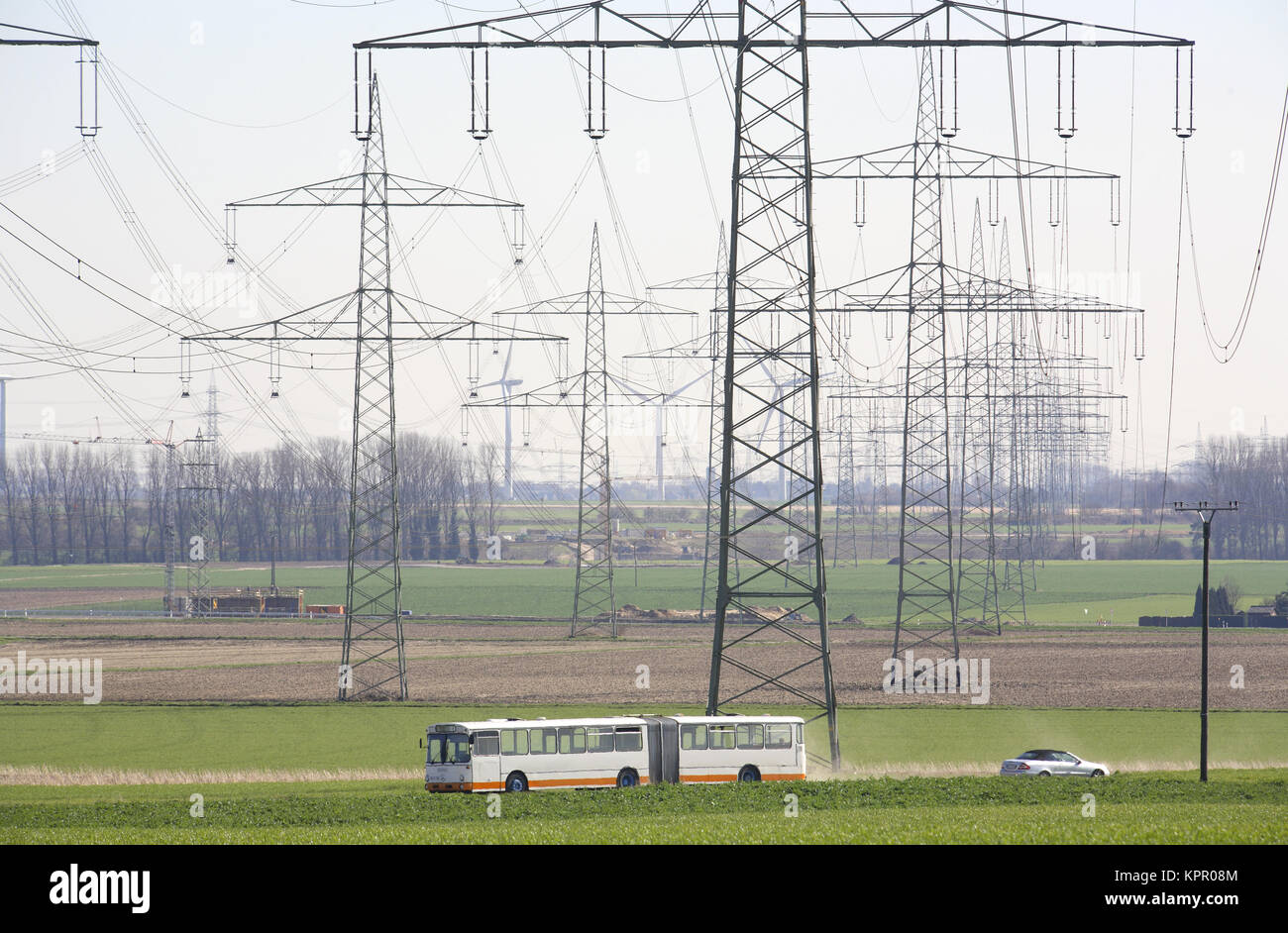 Germany, powerlines near Grevenbroich.  Deutschland, Hochspannungsleitungen bei Grevenbroich. Stock Photo