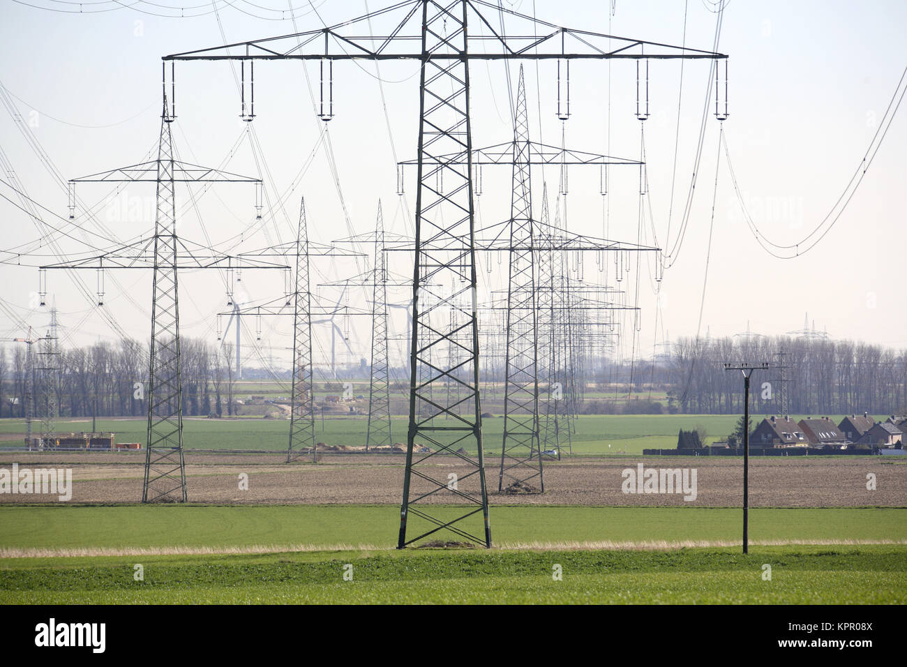 Germany, powerlines near Grevenbroich.  Deutschland, Hochspannungsleitungen bei Grevenbroich. Stock Photo