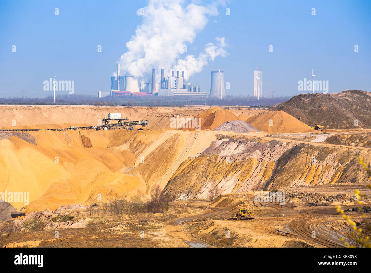 Germany, brown coal opencast mining Garzweiler near Juechen, in the background the power plant Neurath.  Deutschland, Braunkohletagebau Garzweiler bei Stock Photo