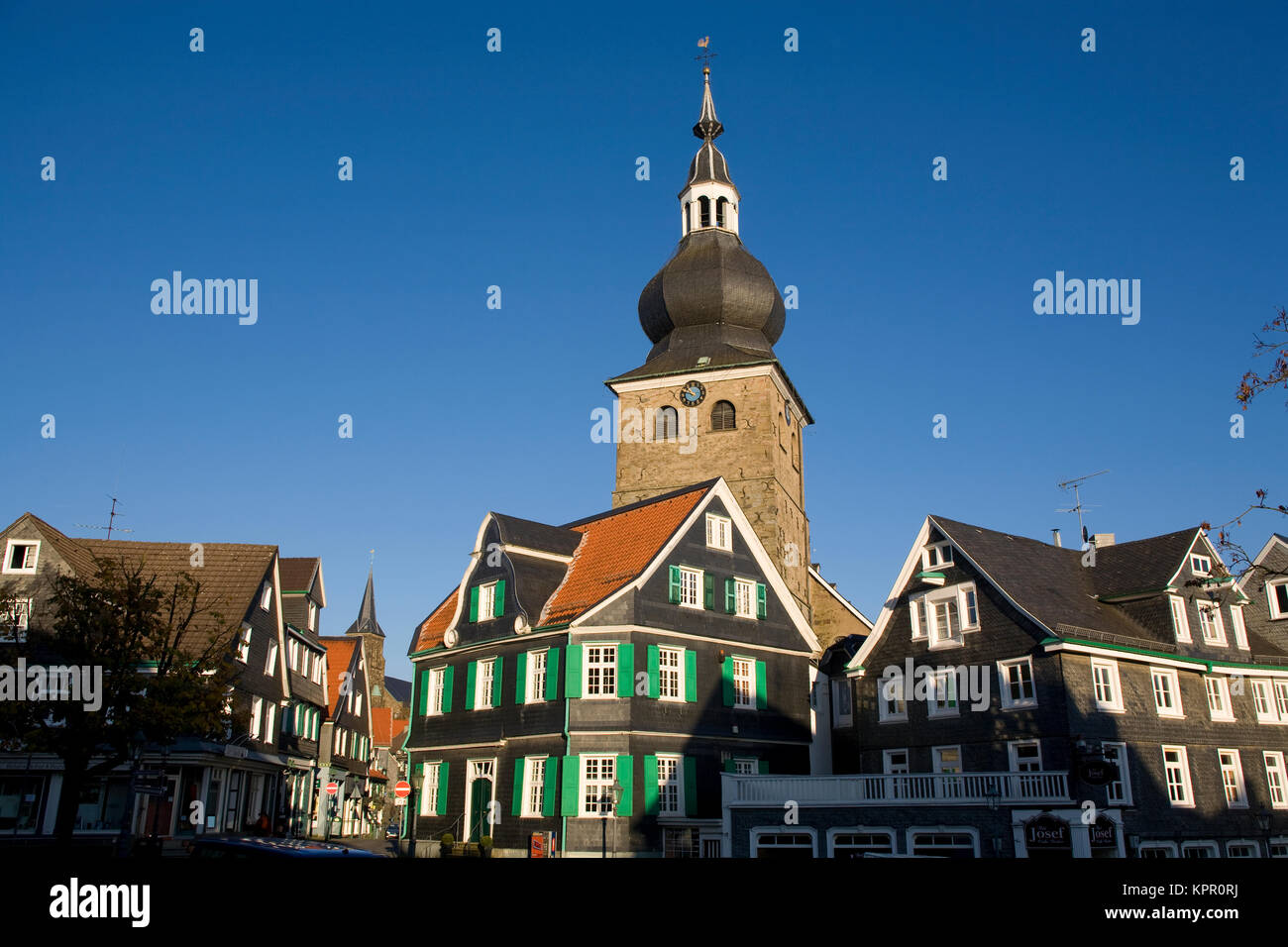 Europe, Germany, the Bergisches Land region, Remscheid-Lennep, houses at the old market, town church.  Europa, Deutschland, Bergisches Land, Remscheid Stock Photo