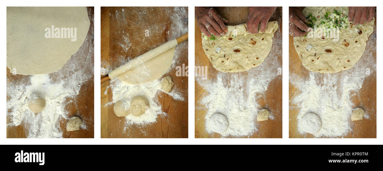 Making homemade pastry (turkish pastry named gozleme) Stock Photo