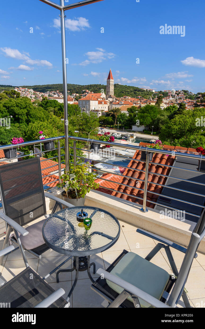 Roof terrace looking towards Trogir Old Town, Croatia Stock Photo